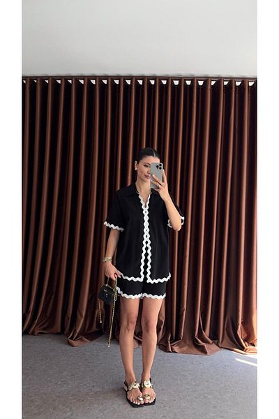 HAZELANNA Contrast Black Shorts-Blouse Set