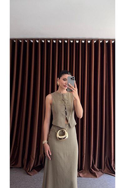 HAZELANNA Khaki Skirt-Vest Set