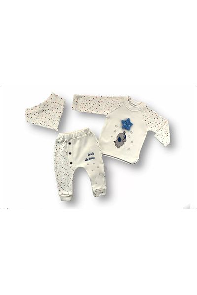 Eng 3-6 6-9 9-12 Months Polar Star Embroidered Bandage Long Sleeve Sweat 3-Piece Baby Boy Set Ecru
