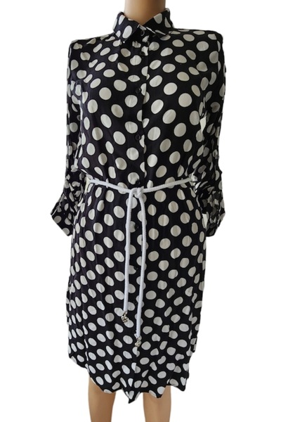 OEM Black Shirt Dress with White Polka Dots, Buttons, Waist Belt, Cotton, Size M