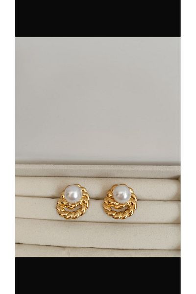 Manu Collection Women's Gold Steel Pearl Detailed Earrings in a Special Box Without Tarnish