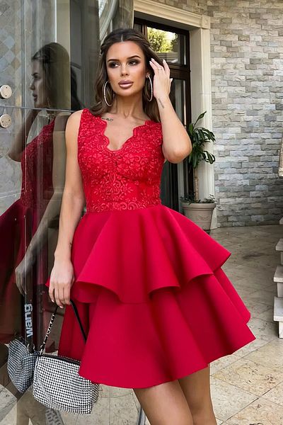 UniqueStore.ro Fabia Red Dress, Elegant With Lace And Ruffles