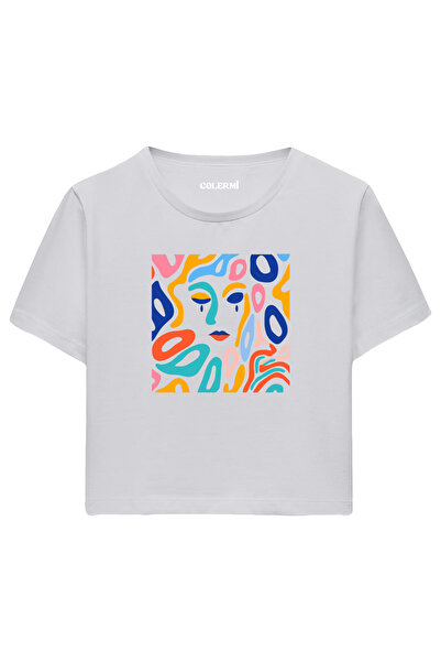 Colermi Gray Women's Crop Tshirt - Colorful Abstract Face Printed Design 100% Cotton Fabric