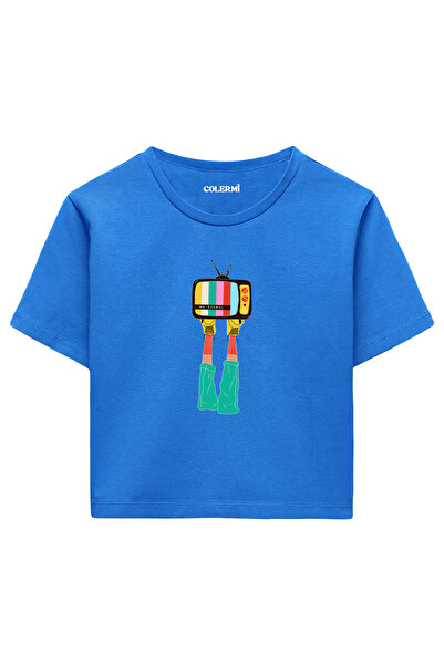 Colermi تيشيرت نسائي قصير باللون الأزرق - تصميم مطبوع عليه تلفزيون ريترو، نسي...