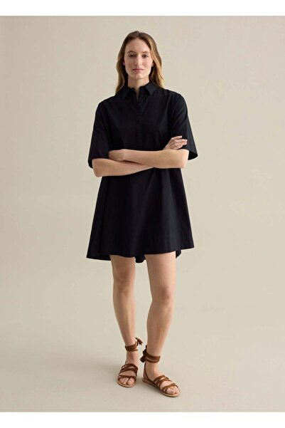 Ovs Black Cotton Shirt Dress With Zip Closure