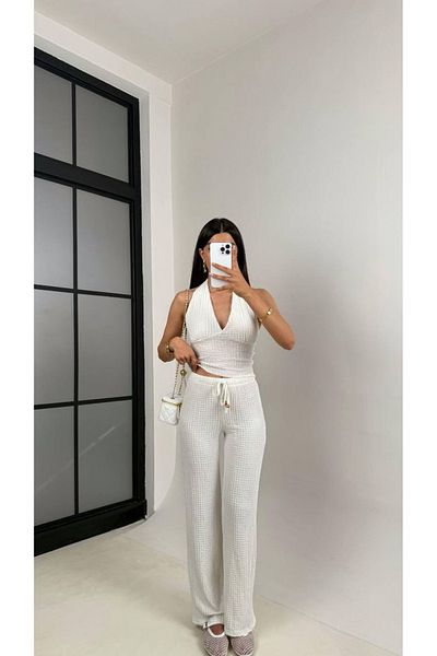 Last EGC Seersucker Fabric Back Low-Cut Blouse Trousers Double Suit