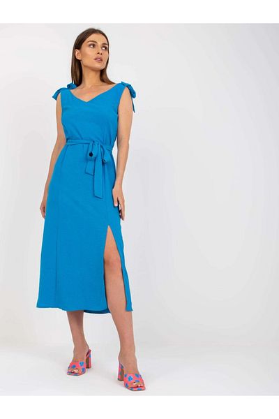 UniqueStore.ro Rochie Midi Albastră Cu Crăpătură Laterală Și Bretele Cu Fundă