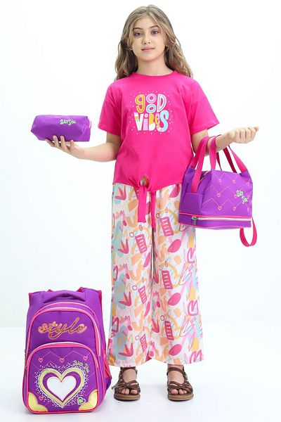 LUGMO 3-Piece Middle School Bag Set Primary School Bag Complete Lined Heart Purple