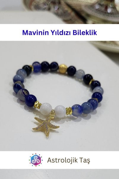 Astrolojik Doğal Taş Star of the Blue Natural Stone Bracelet with Star Charm – Certified – Blue Agate – Moonstone