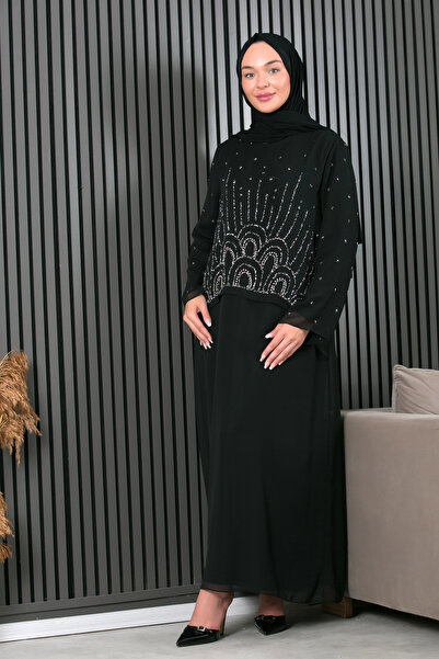 Büşra Moda Tasarım Lacivert / Siyah / Haki Taş İşlemeli Şifon Katlı Abiye Elbise (1-2-3-4 Beden)