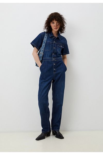 BYŞANS Women's Blue, Short Sleeve, Buttoned Denim Jumpsuit 85N7357
