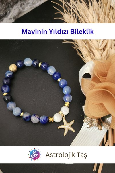 Astrolojik Doğal Taş Star of the Blue Natural Stone Bracelet with Star Charm – Certified – Blue Agate – Moonstone