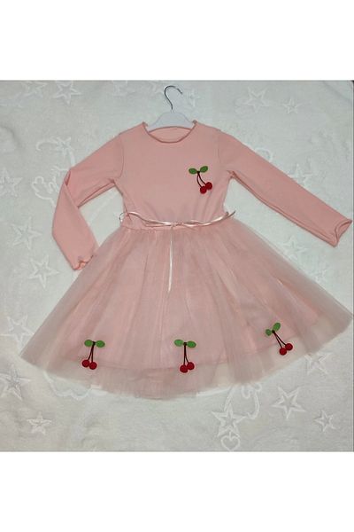 Skygo 5-6-7 Years Old Cherry Patterned Ribbon Belted Lined Long Sleeve Girl's Tutu Dress Salmon