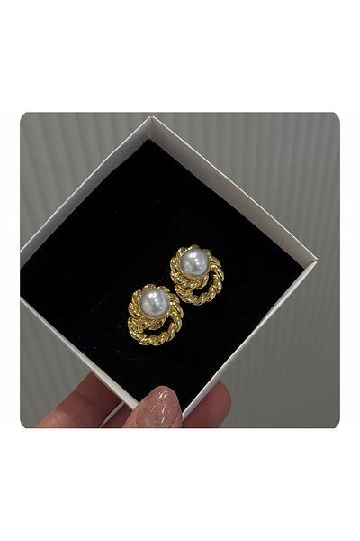 Manu Collection Women's Gold Steel Pearl Detailed Earrings in a Special Box Without Tarnish
