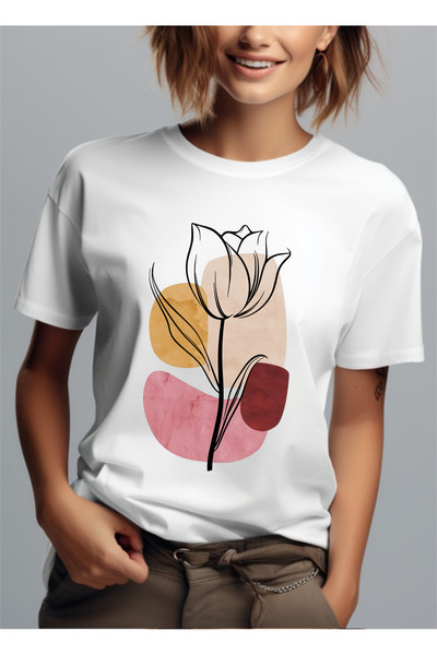 Bloom Atelier Tricou Dama Minimalist, Tulip Line Art, Culoare Alb, Marime 2XL...