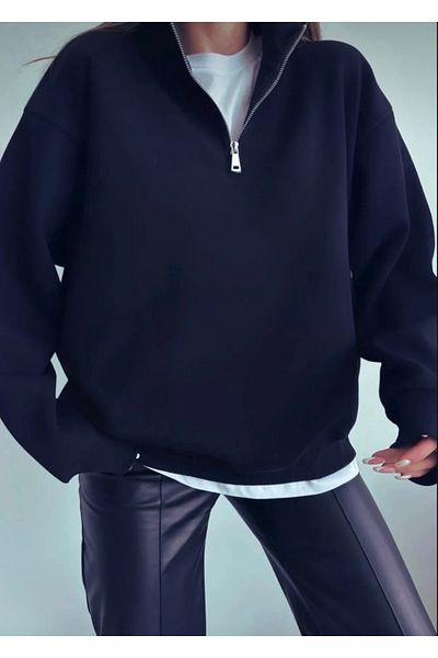 BYMEER Unisex Navy Blue Stand Collar Zippered Pullover Sweatshirt