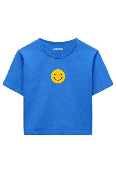 Colermi تيشيرت نسائي قصير باللون الأزرق - تصميم بسيط مطبوع عليه وجه مبتسم، نس...