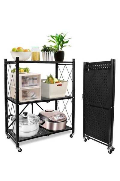 N2Y رف قابل للطي بثلاث طبقات، سعة تحميل قوية، لا يتطلب تجميعًا، أسود