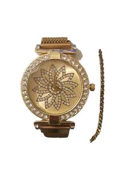 OEM Set casual watch for women with included bracelet, quartz mechanism, analog display, golden bracelet