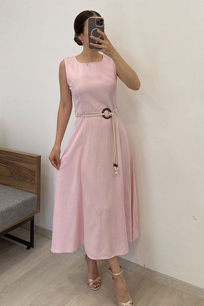 Nazline Women's Belt Detailed Square Neck Pocket Linen Dress