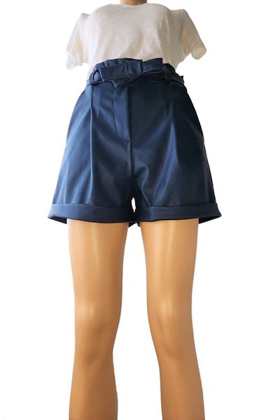 OEM Women's Shorts Made of Faux Leather, Elastic Waist, Side Pockets, Navy Blue, Size S