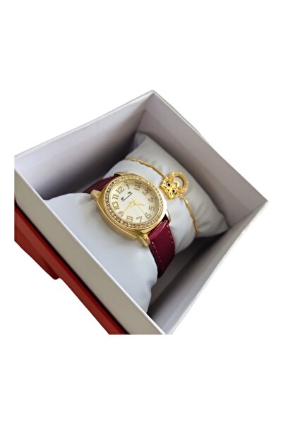 OEM Women's Watch, Analog Display, Quartz Mechanism, Burgundy -Leather Strap