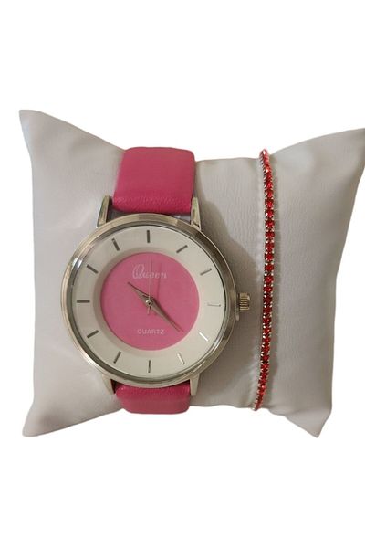 OEM Set casual women's watch with included bracelet, quartz mechanism, analog display, pink strap, buckl