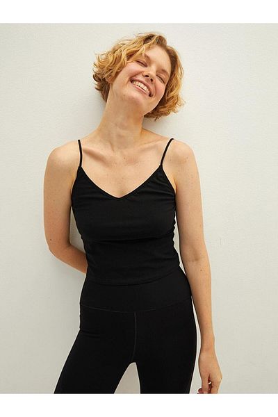 LC Waikiki V-Neck Rope Strap Plain Crop Rib Fabric Women's Tank Top (W1)