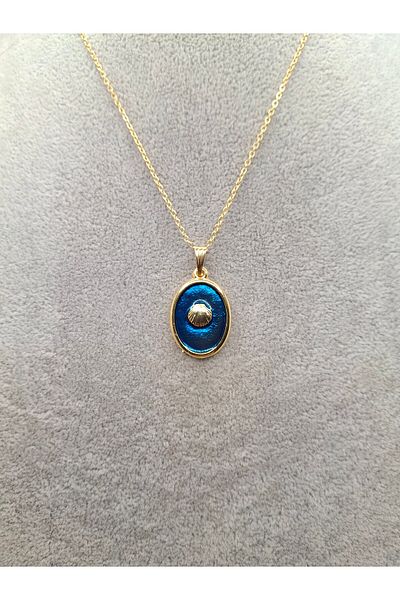 Han Ticarethane Gold Color Navy Blue Enamel Seashell Model Necklace
