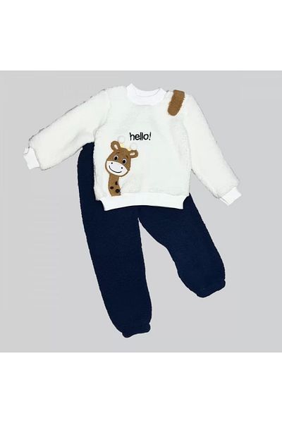Skygo 1-2-3 Years Old Hello Giraffe Embroidered Lamb Fabric Sweat Trousers Long Sleeve Girls Boys 2 Piece Set Navy Blue