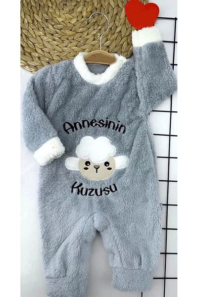 Skygo 3-6-9-12 Months Lamb Feather Fabric Mother's Lamb Embroidered Baby Girl and Boy Jumpsuit with Snaps at the Bottom Gray