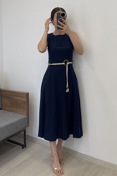 Nazline Women's Belt Detailed Square Neck Pocket Linen Dress
