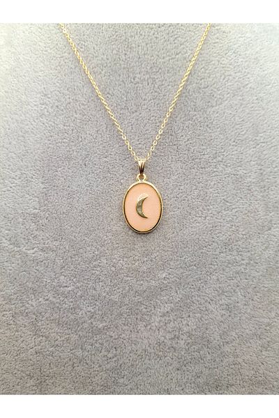 Han Ticarethane Gold Color Powder Pink Enamel Crescent Moon Model Necklace