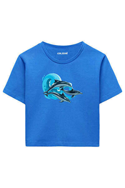 Colermi تيشيرت نسائي قصير باللون الأزرق - تصميم مطبوع على شكل دولفين، نسيج قط...