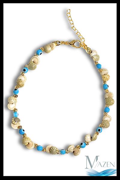 MAZEN Blue Beaded Women's Anklet with Seashells |   Summer Adjustable Stylish Bracelet Model