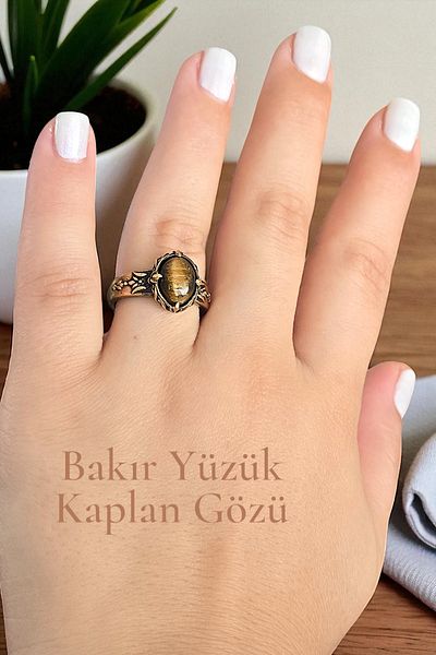 NBS Beautiful Naturel Stones Pure Copper Ring Adjustable Tiger Eye (Evil Eye Protection) (Gift, Daily, Special Occasions)
