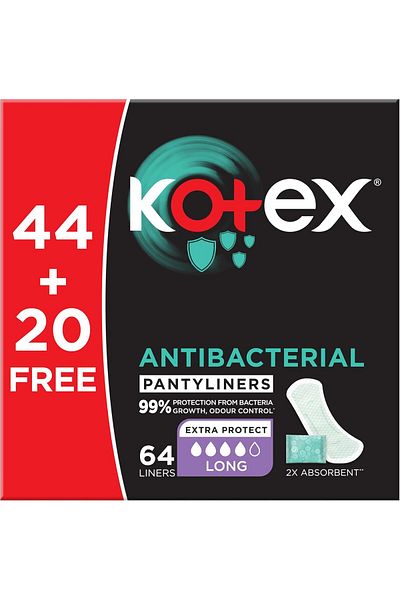 Kotex Antibacterial Panty Liners, 99% Protection from Bacteria Growth, Long Size, 64 Daily Panty Lin