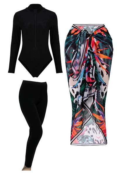 CUPSEA Μαύρο μακρυμάνικο κορμάκι Lycra Long καλσόν Lana Black Pareo Σετ 3 Hijab