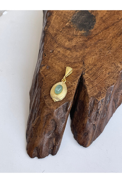 Rupen Kraft 925 Ayar Gümüş Altın Kaplama Yeşil Akik Taşlı Kolye Ucu Doğal Taş...