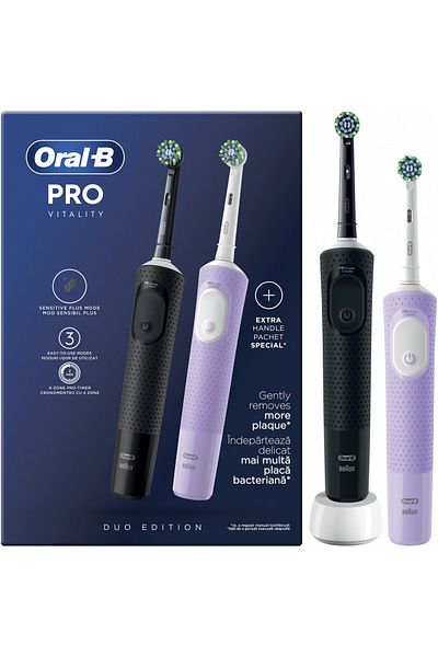 Oral-B Set de 2 periuțe de dinți electrice Vitality Pro, curățare 2D, 3 programe, 1 încărcător, 2 capete