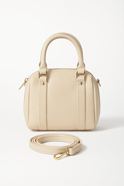 Satuna Mini geantă cremă pentru mână și umăr – Model cilindru cu detalii aurii