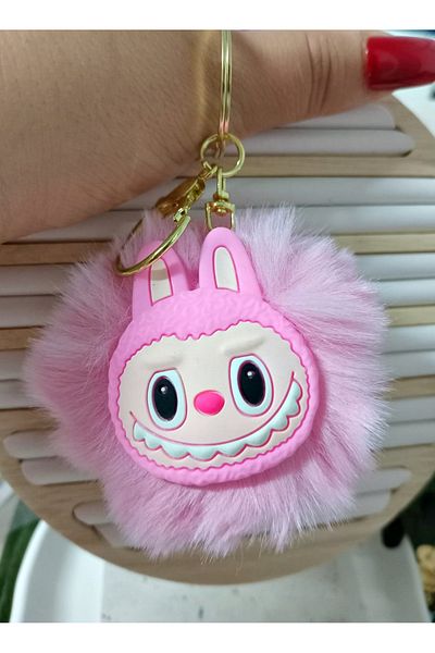 mos&more Pink Labubu Pompom Bag Ornament Accessory Keychain, Car Ornament, Bag Charm