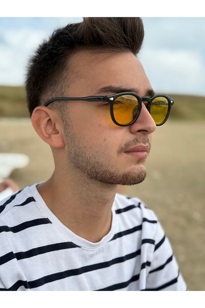 Ferrucci Brand Model Oval Unisex Sunglasses with Black Frame and Yellow Transparent Glass