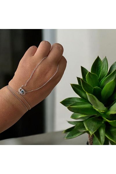 ALS Tasarım Dünyası Women's Silver Color Chain with Zircon Stone Eye Detail in the Middle Steel Shahmeran