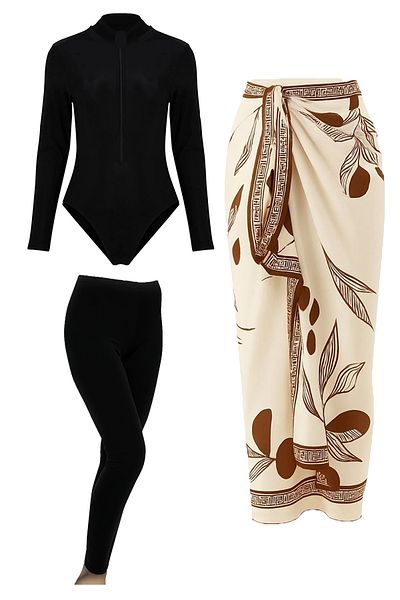 CUPSEA Black Long Sleeve Bodysuit Swimsuit Lycra Long Tights French Inspired Coffee Color Pareo Set of 3 Hijab