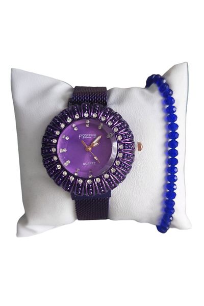 OEM Set casual watch for women with included bracelet, quartz mechanism, analog display, purple bracelet