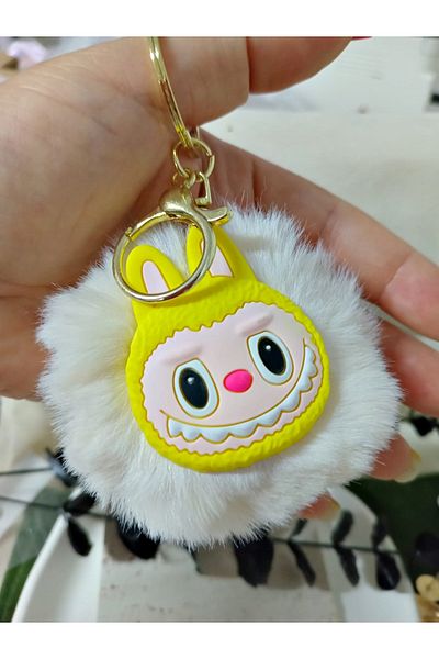 mos&more White Labubu Pompom Bag Ornament Accessory Keychain, Car Ornament, Bag Charm