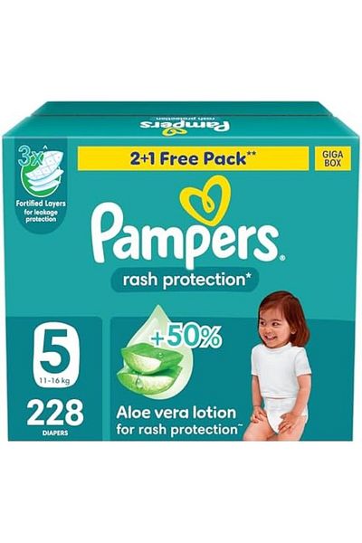 Pampers Baby Diapers, Size 5, 11-16 kg, Rash Protection Tape, Pack of 228