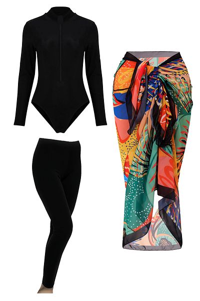 CUPSEA Black Long Sleeve Bodysuit Swimsuit Lycra Long Tights Bodrum Pareo Set of 3 Hijab