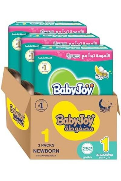 BabyJoy Compressed Diamond Pad, Size 1, Newborn, 0-4 Kg, Mega Box, 252 Diapers